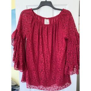 Forgotten Grace Red Lace Blouse Large Tiered Bell Sleeve Off Shoulder Top Shirt